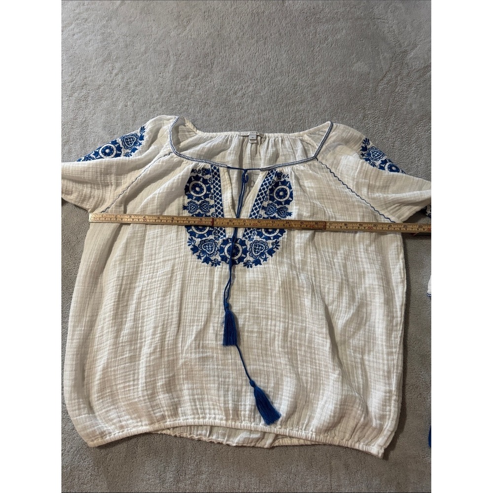 J.Crew M 100% Cotton White Blue Embroidered Gauze Peasant Blouse Tassel - Picture 6 of 7